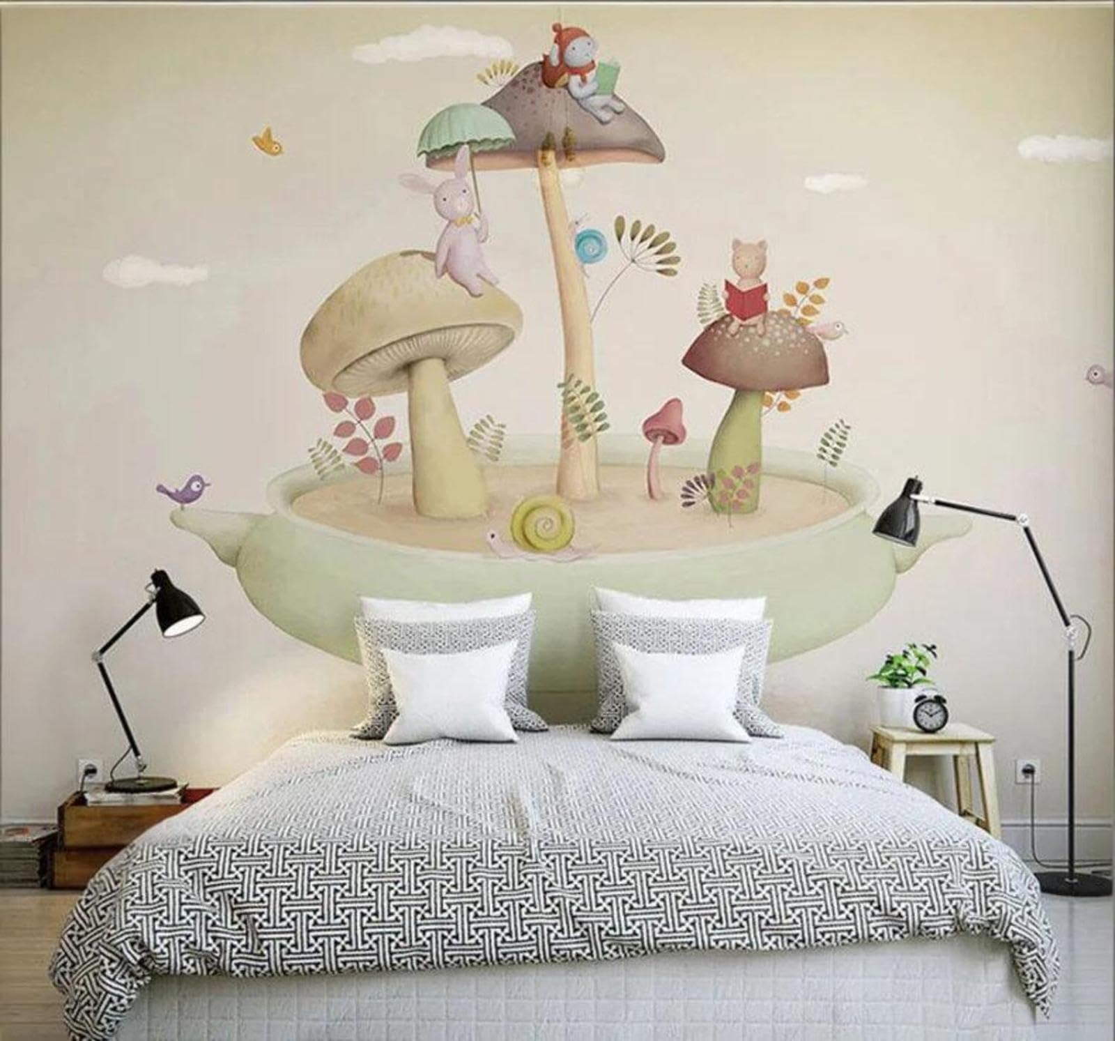 Tzxztt Cartoon Creative Mushroom Rabbit Unique Modern 3D Wallpaper Premium Textured Silk Neutral Tones Material Ideal for Living Room Bedroom-350cm×256cm