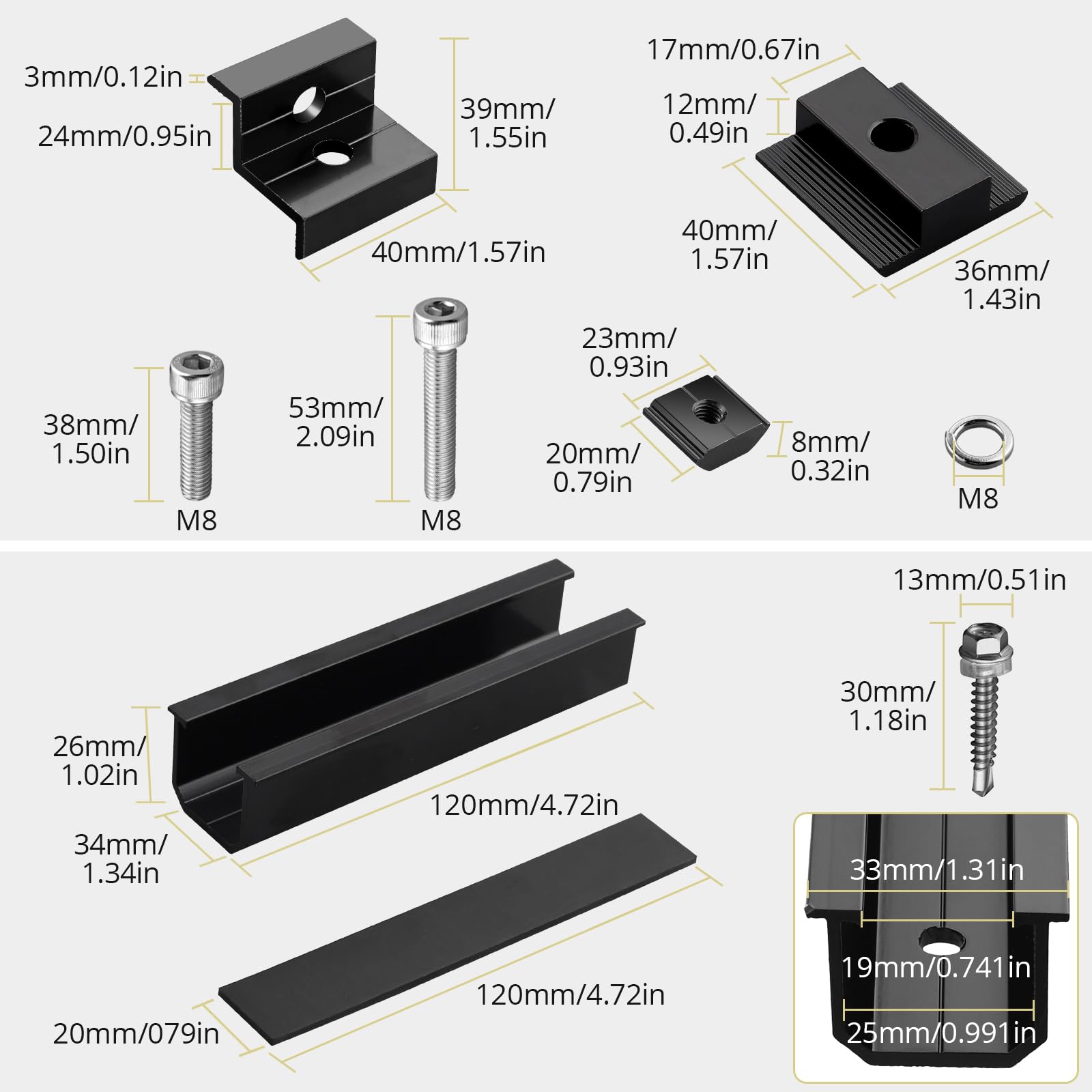 Anbte Kit de Supports de Panneau Solaire 6 Rails Courts en Aluminium avec 4 Pinces d'Extrémité en Z et 2 Pinces Centrales Supports en T Modules pour 30MM/35MM (Rails Courts de 120mm)