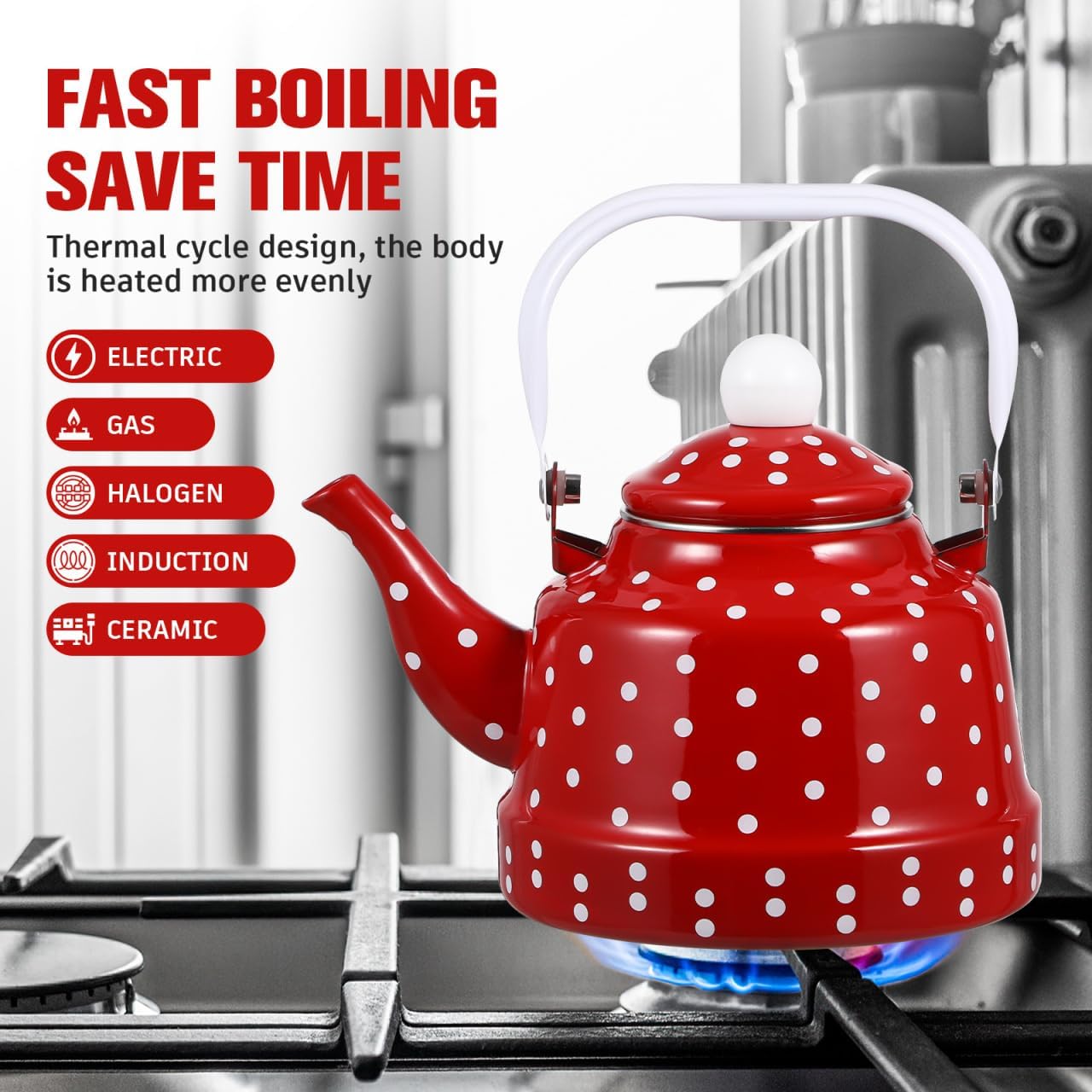 Cabilock Red Tea Kettle, 1.8 Quart Vintage Enamel Tea Kettle for Stovetop, Non-Whistling with Polka Dot Design and Ceramic-Style Handle, Retro Kitchen Decor Water Pot for Home Coffee