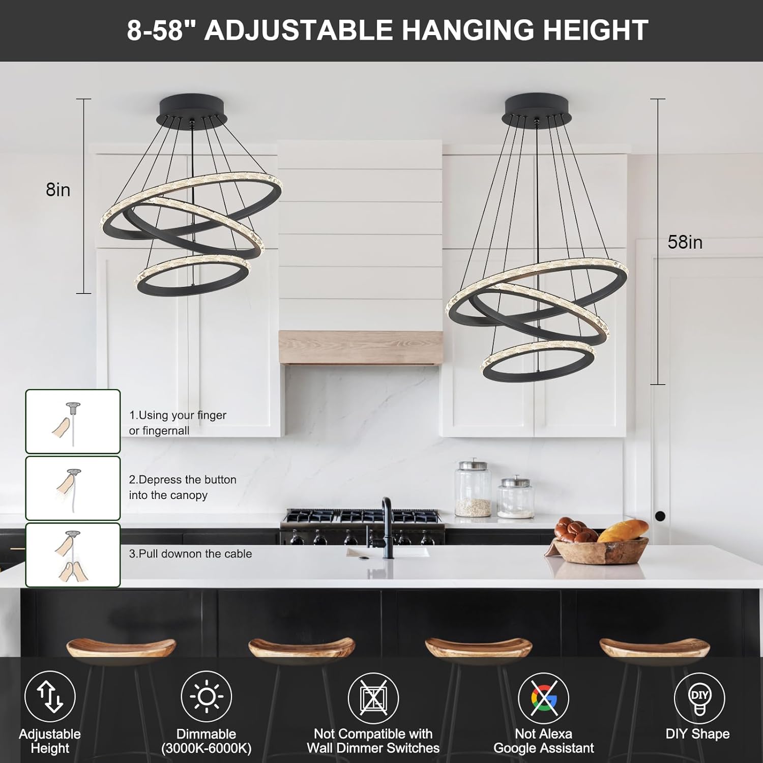 Modern 3-Ring Crystal Ring Chandelier, 56W Dimmable LED Pendant Light with Remote, Adjustable Multi-Shape Ceiling Fixture for Living Room Dining Room Staircase, Black