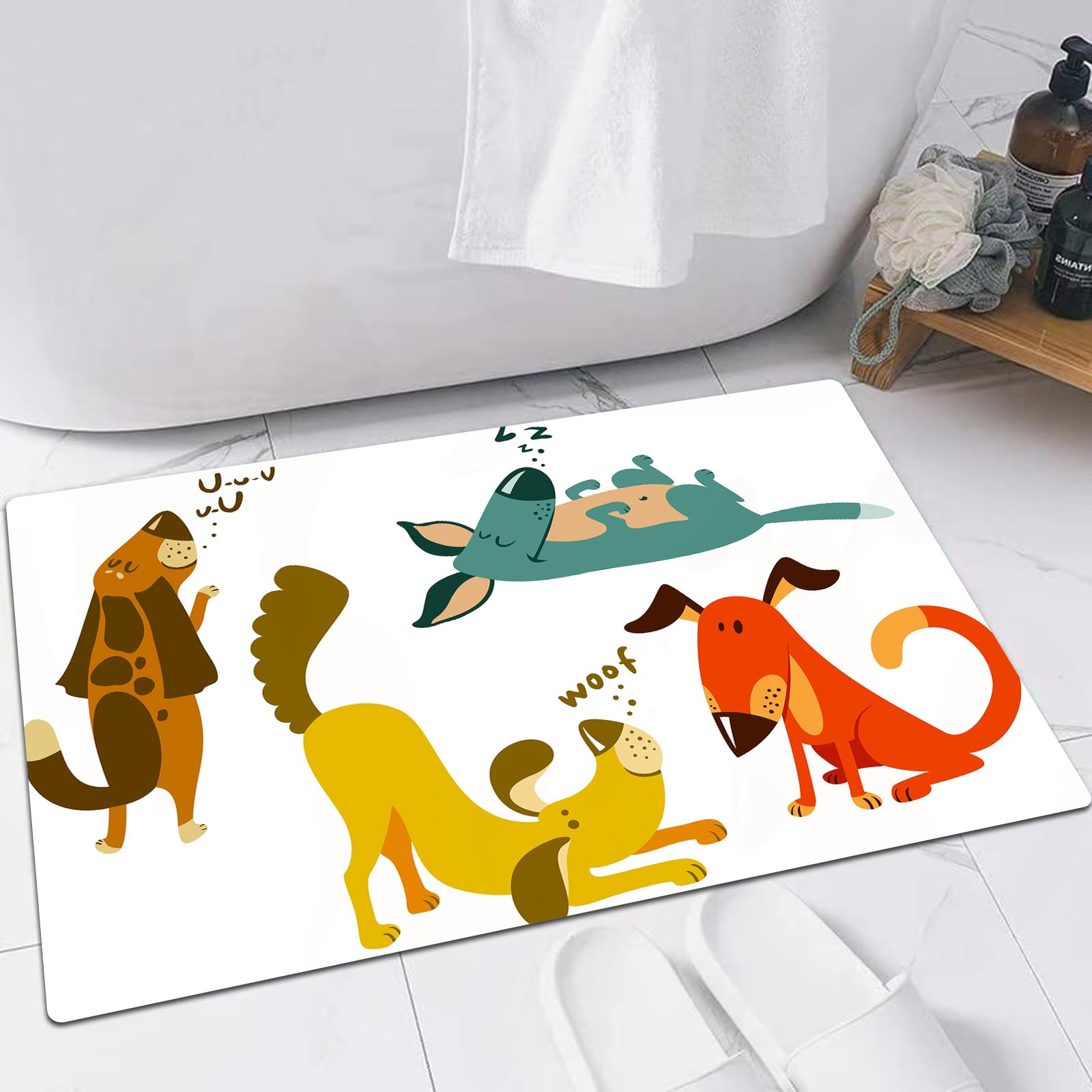FSDGY Non-slip Barrier Mats Door Mat, Super Absorbent Entrance Rug Machine Washable Soft Floor Mat Carpet,Dog lover decor, cute dogs playful friendship paw sit sleeping sng standing,24x35in