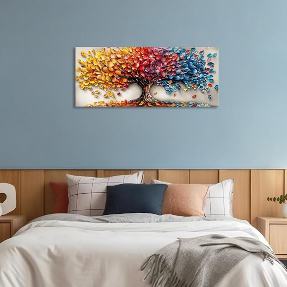 Large 3D Texture Blooming Trees Canvas Wall Art, Framed Orange Red Trees Wall Picture Nature Landscape Art Prints Paintings Wall Decor for Living Room Bedroom Office Kitchen Ready To Hang 50x120cm