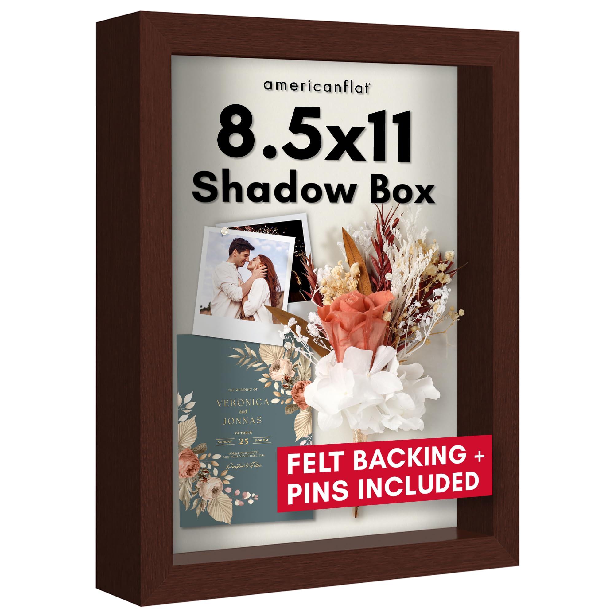 Americanflat 8.5x11 Shadow Box Frame with Shatter-Resistant Glass - Silhouette Collection - Large Shadow Box Display Case for Tabletop and Wall Display - Mahogany with Soft Felt Back