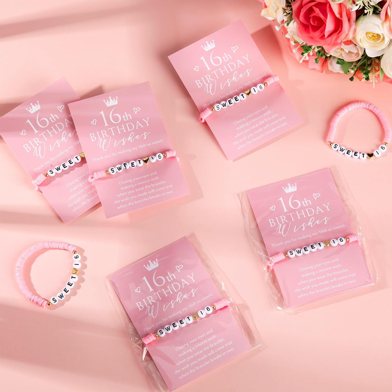 Tondiamo 25 Sets Sweet 16 Birthday Gift for Guests Pink Sweet 16th Polymer Clay Beaded and Heart Bead Stretch Bracelets with Wish Cards 16 Years Birthday Party Favor for Friends Guests - Image 5