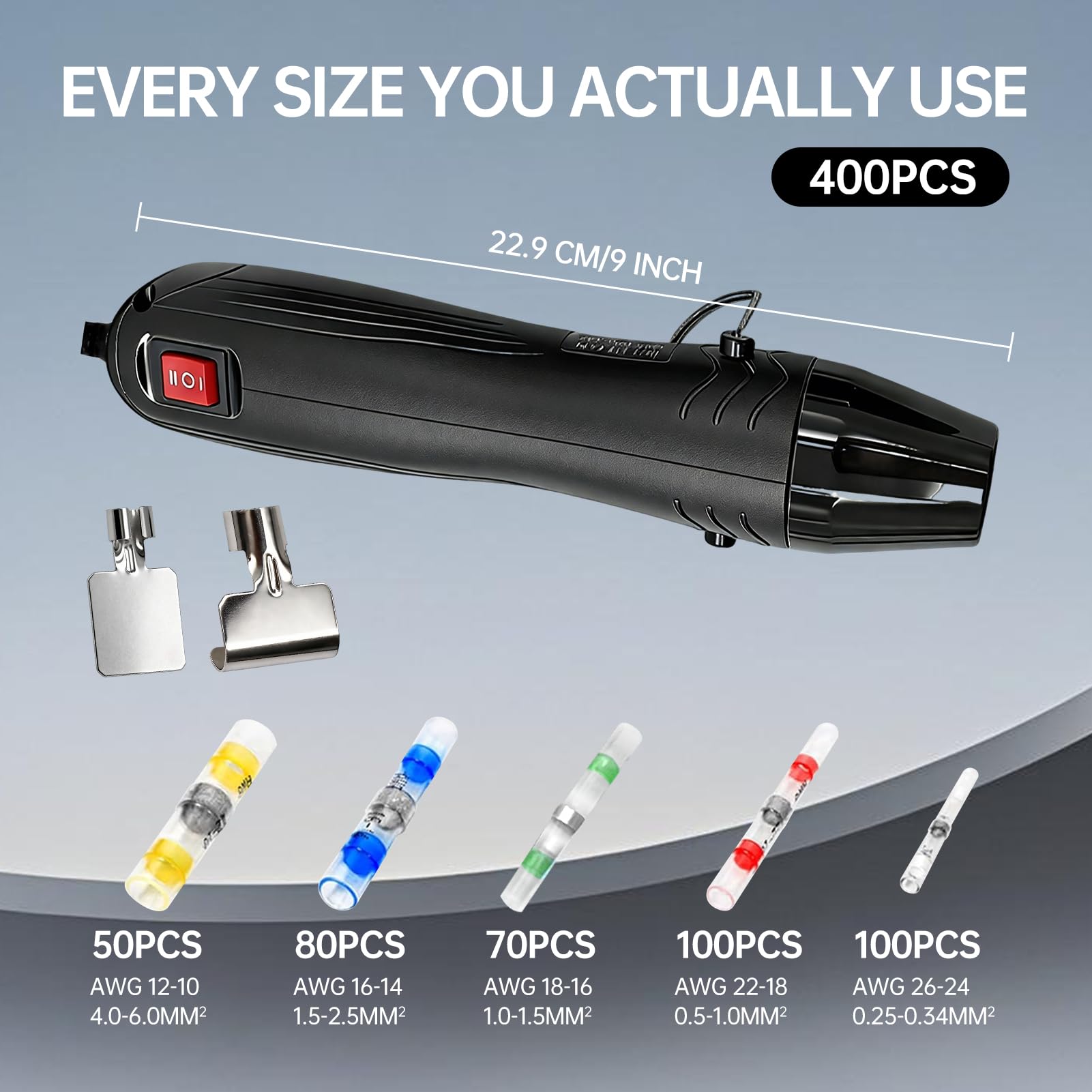 Kit de 400 conectores de alambre de sellado de soldadura con pistola de calor de doble temperatura, conectores de soldadura termorretráctiles, terminales eléctricos impermeables para reparación