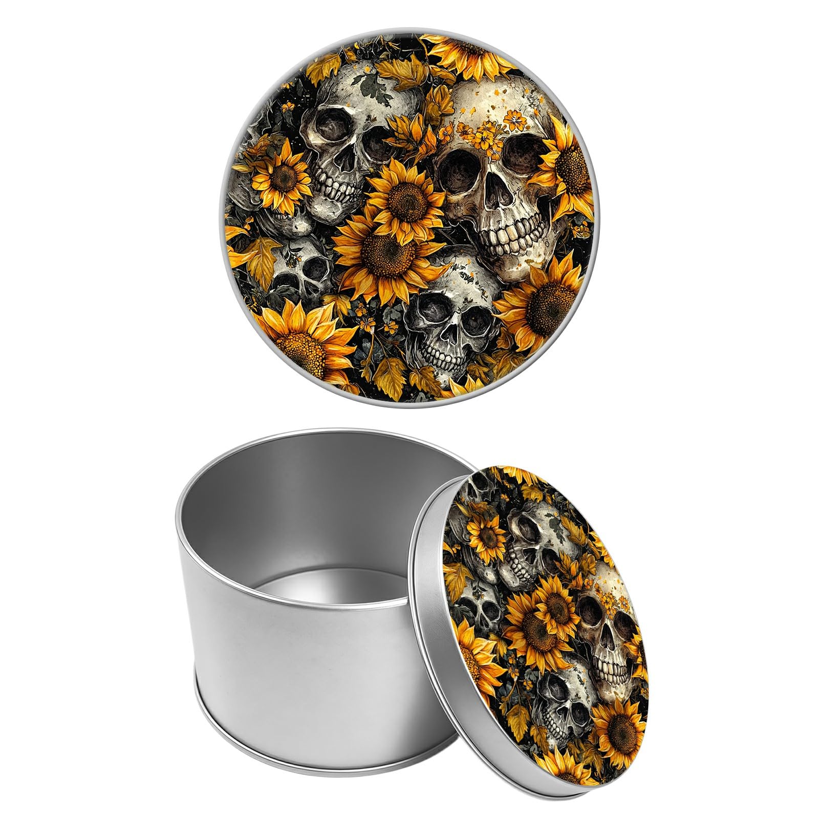 Round Metal Tin Container with Removable Lid, Retro Skull Sunflower Durable Metal Storage Box for Cookies Spices Tea Candies Cakes Jewelry Cosmetics 3.54 x 2.36 inch– Single Pack