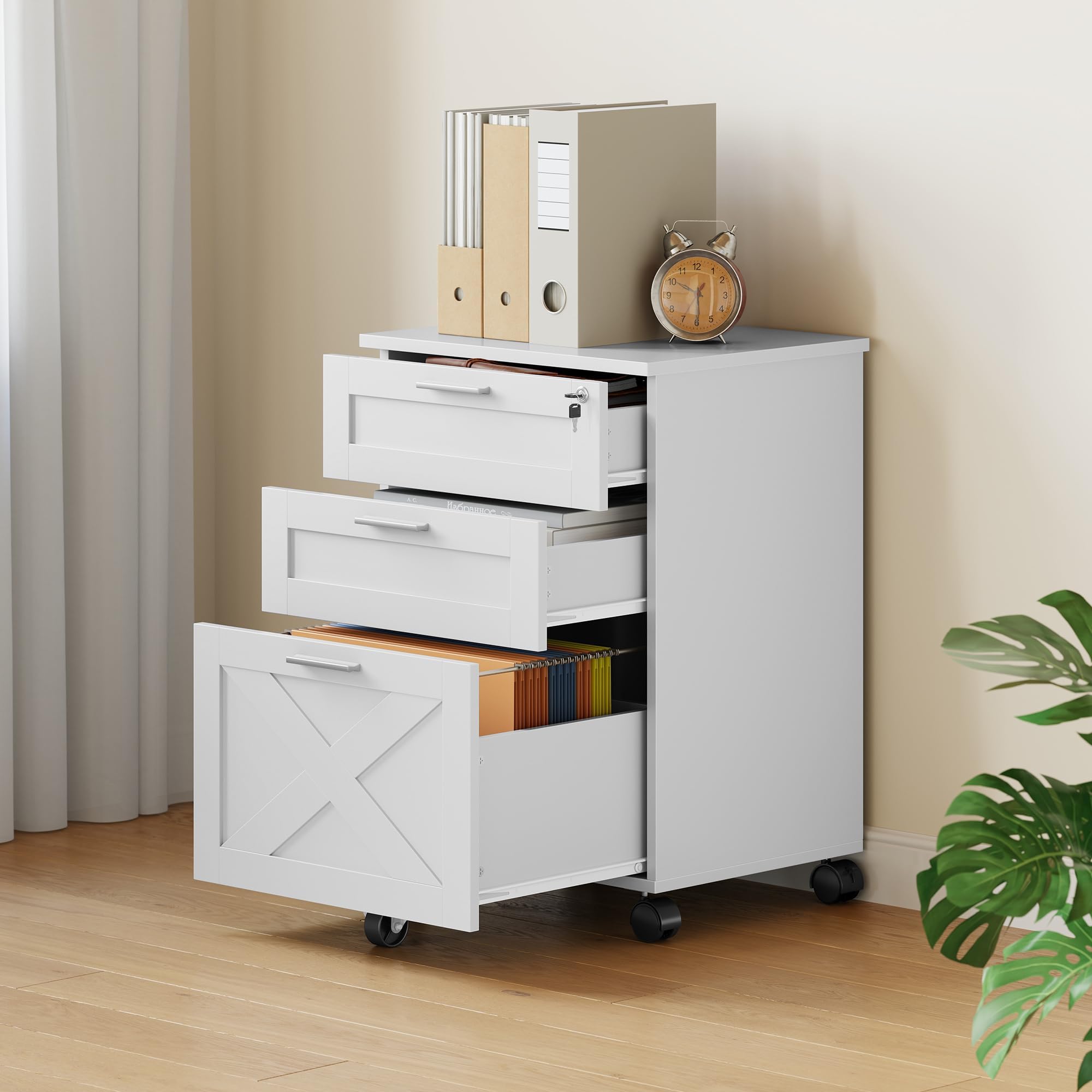 Archivo Móvil 3 Cajones con Cerradura, Cajonera con Ruedas y Estante para Impresora, Organizador de Oficina para Documentos A4, Estructura de Madera, Blanco