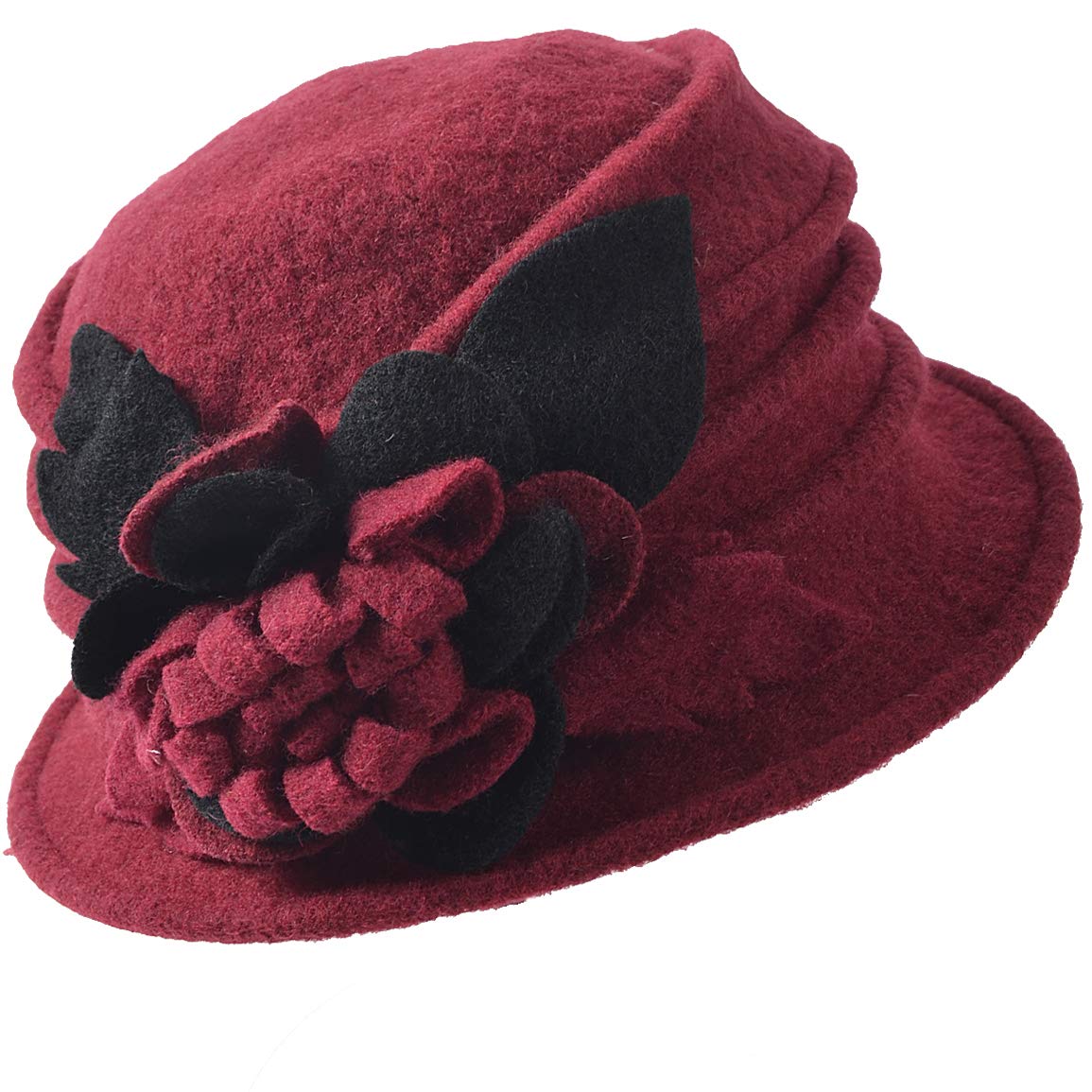 FORBUSITE Lady Floral Trimmed Wool Blend Winter Hat Burgundy