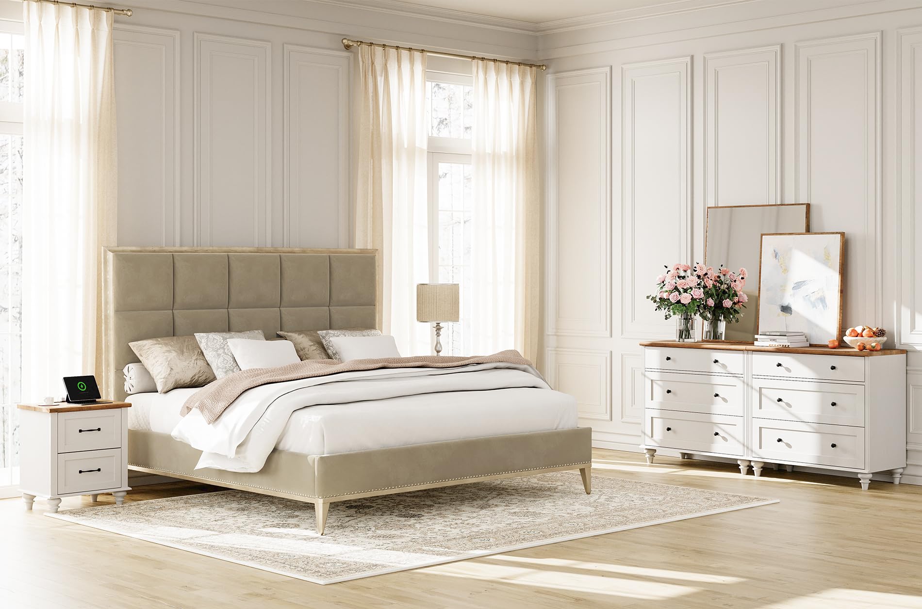 WAMPAT 4 Piece Bedroom Set - Includes Two Farmhouse 3 Drawer Dresser, Set of 2 Night Stands with Charging Station, 4 Piece Dresser and Nightstand Sets