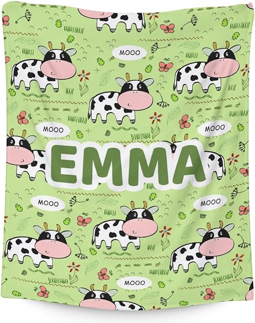 Mercuryelf Custom Cow Throw Blanket - Soft, Fuzzy & Warm - 60x80 Inches Flannel Blankets for Bed, Couch - Light Green Cute Throws Gift for Adults