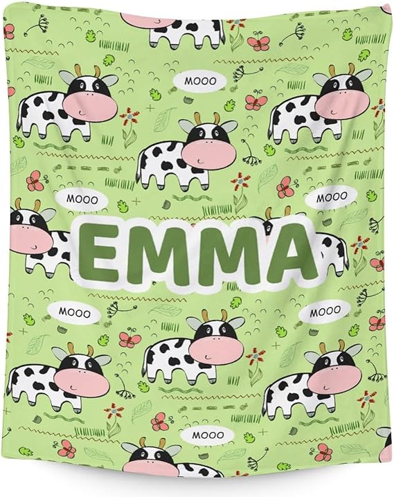 Mercuryelf Custom Cow Throw Blanket - Soft, Fuzzy & Warm - 60x80 Inches Flannel Blankets for Bed, Couch - Light Green Cute Throws Gift for Adults