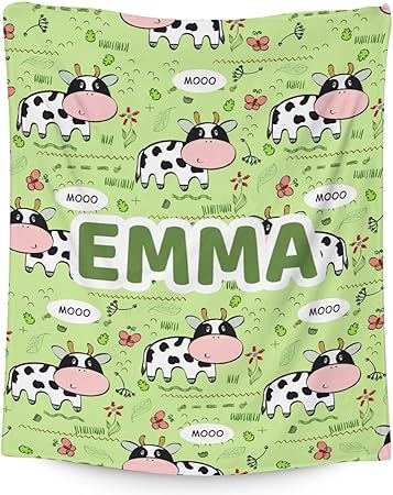 Mercuryelf Custom Cow Throw Blanket - Soft, Fuzzy & Warm - 60x80 Inches Flannel Blankets for Bed, Couch - Light Green Cute Throws Gift for Adults