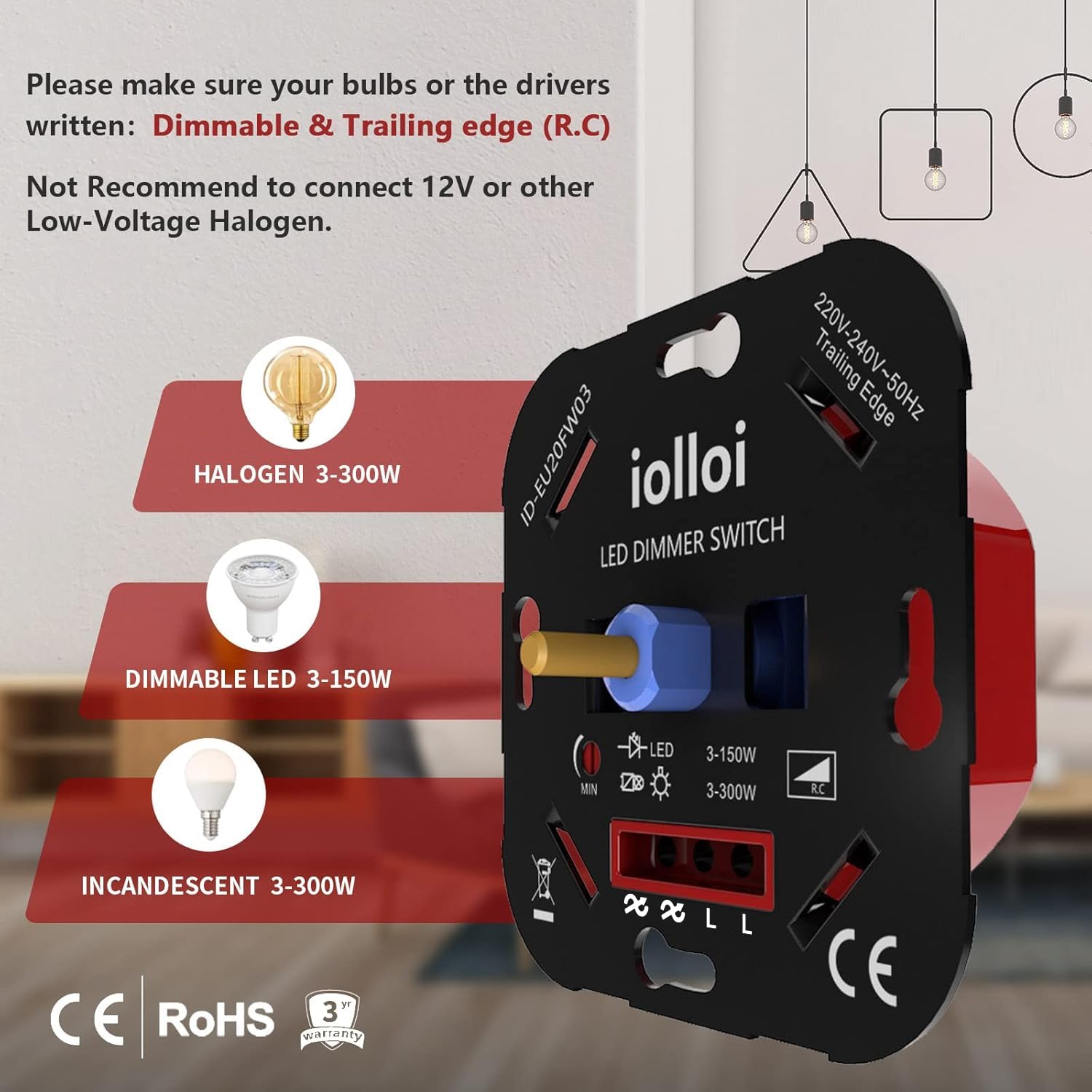 Lot de 2 interrupteurs LED - Variateur rotatif - Pour LED à intensité variable de 3 à 150 W - Halogène de 3 à 300 W - Pour lampes LED - 230 V