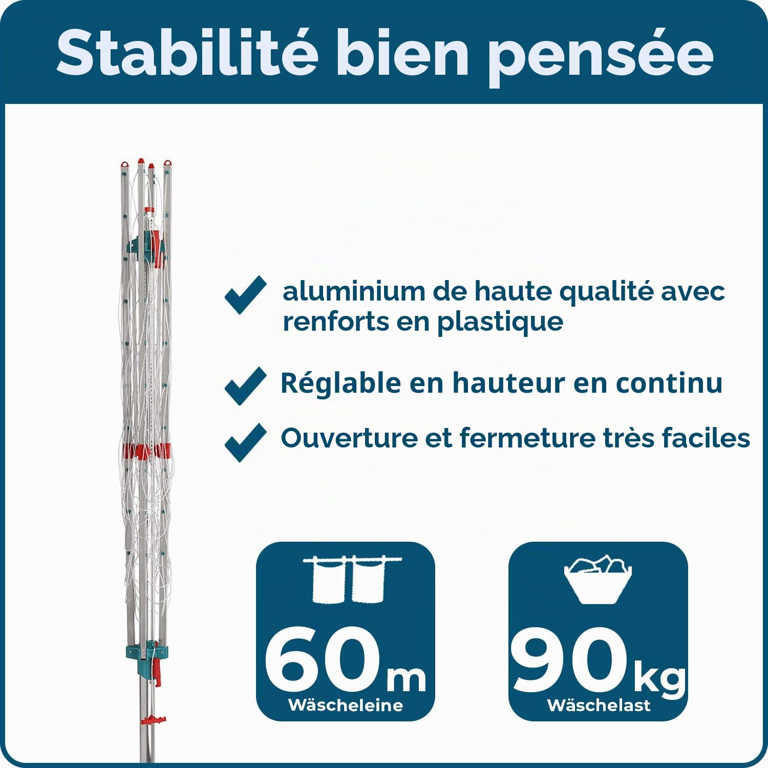 Blome Medium Plus Séchoir à linge, rotatif, 60 m, avec douille de sol, pour l'extérieur, fabriqué en Allemagne