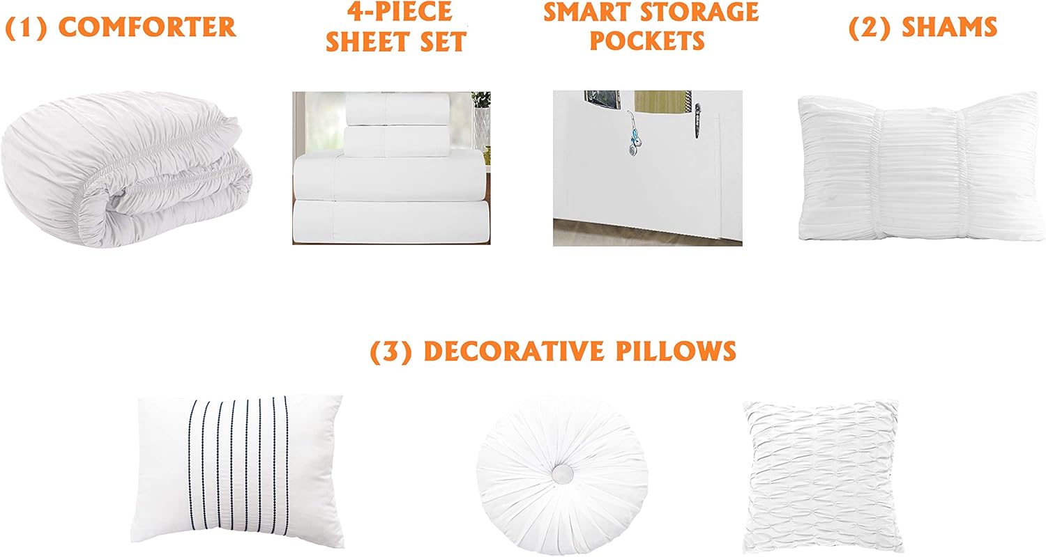 Elegant Comfort Luxury Best, Softest, Coziest 10-PIECE Bed-in-a-Bag Pleated Comforter Set, Ruched Ruffle Comforter Set Includes Bed Sheet Set with Double Sided Storage Pockets, Full/Queen, White