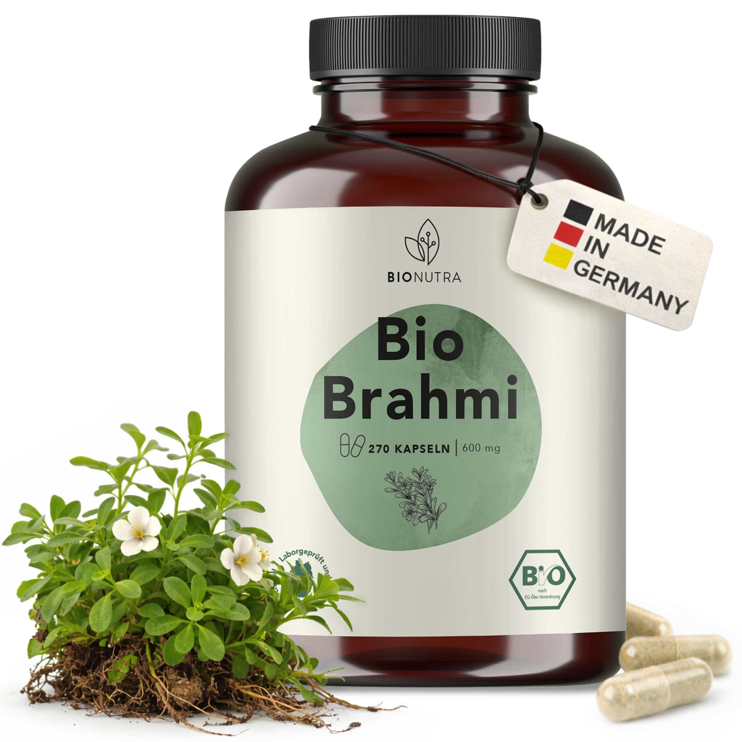 BIONUTRA® Gélules de Brahmi bio hautement dosées, 1200 mg/jour, contrôlées résidus, fabrication allemande, véganes, sans lactose, gluten ni additifs, Bacopa monnieri bio, 270 pièces x 600 mg