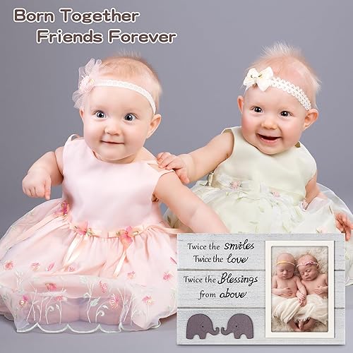Miniatura 3 de Marco de fotos de madera para bebés gemelos con bonitos patrones de elefante, regalos únicos de baby shower para gemelos mamá, marco de fotos de