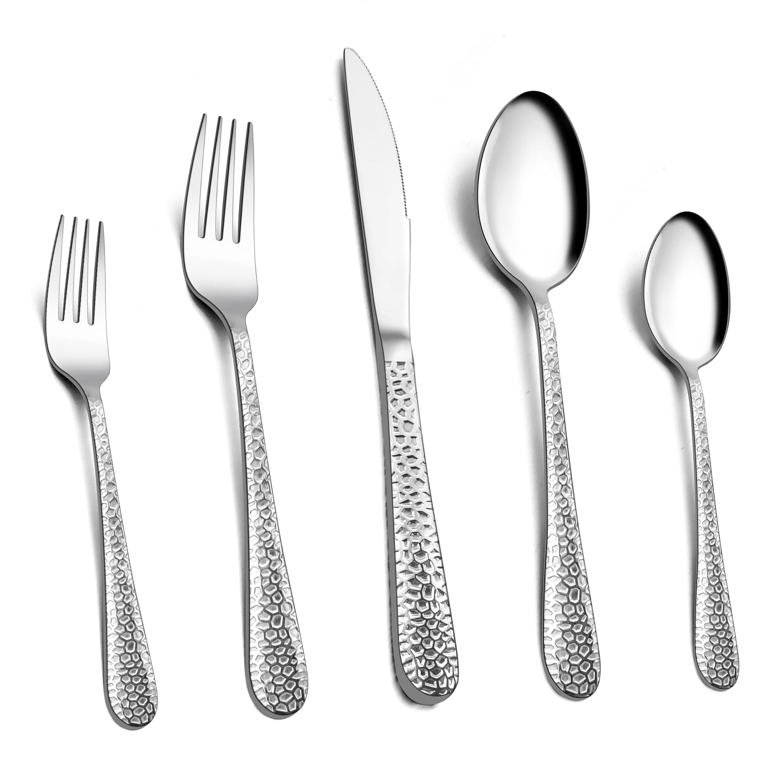 Homikit Juego de cubertería de 60 piezas para 12 personas, cubiertos de acero inoxidable martillados, cubiertos con cuchillo, tenedor, cuchara para familia, fiestas, restaurantes, mango redondo y apto