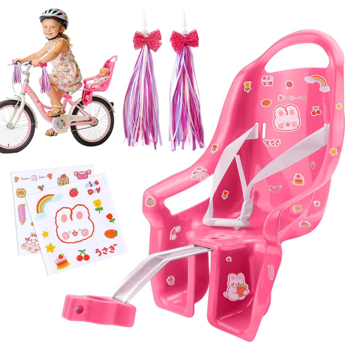Seggiolino per Bicicletta per Bambole, Set di Sedili per Biciclette di Bambole con Adesivi Fai da Te e Manubrio Stelle Filanti, Accessorio Bicicletta per Bambini