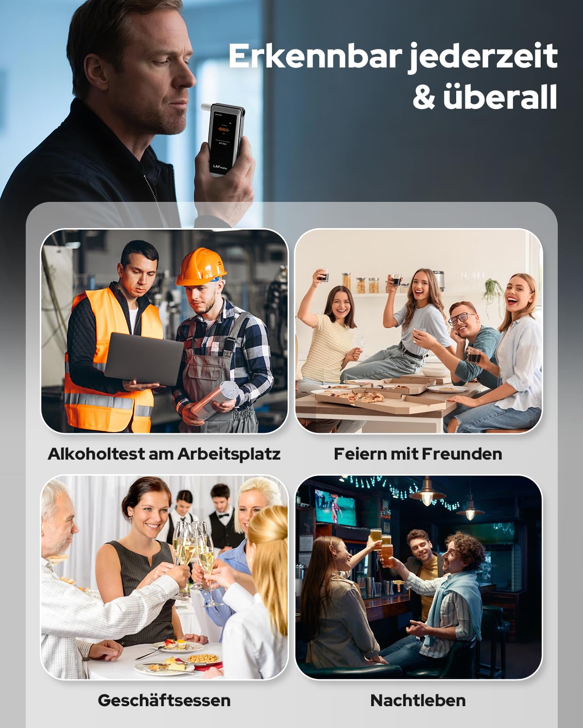 AT-160 Alkoholtester, hochpräziser Promilletester mit Alarmschwelleneinstellung, Breathalyzer mit digitaler LCD-Anzeige, Speicherfunktion, Typ-C-Laden, 10 Mundstücke für Heimgebrauch