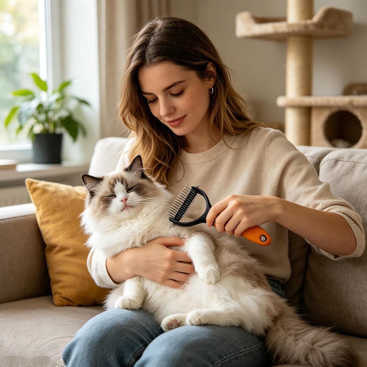 Grooming Brush for Dogs Shedding Ergonomic Handle Detangling Self-Cleaning