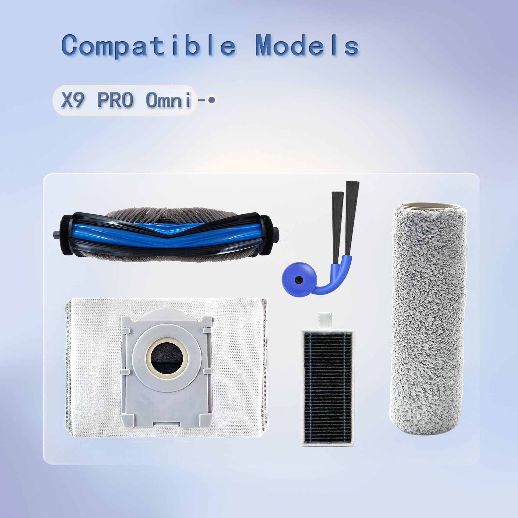 Zestaw akcesoriów zamiennych kompatybilny z Ecovacs Deebot X9 PRO Omni Robot Vacuum, zawiera 2 szczotki główne + 8 szczotek bocznych + 8 filtrów + 6 rolek do mopa + 6 worków na kurz