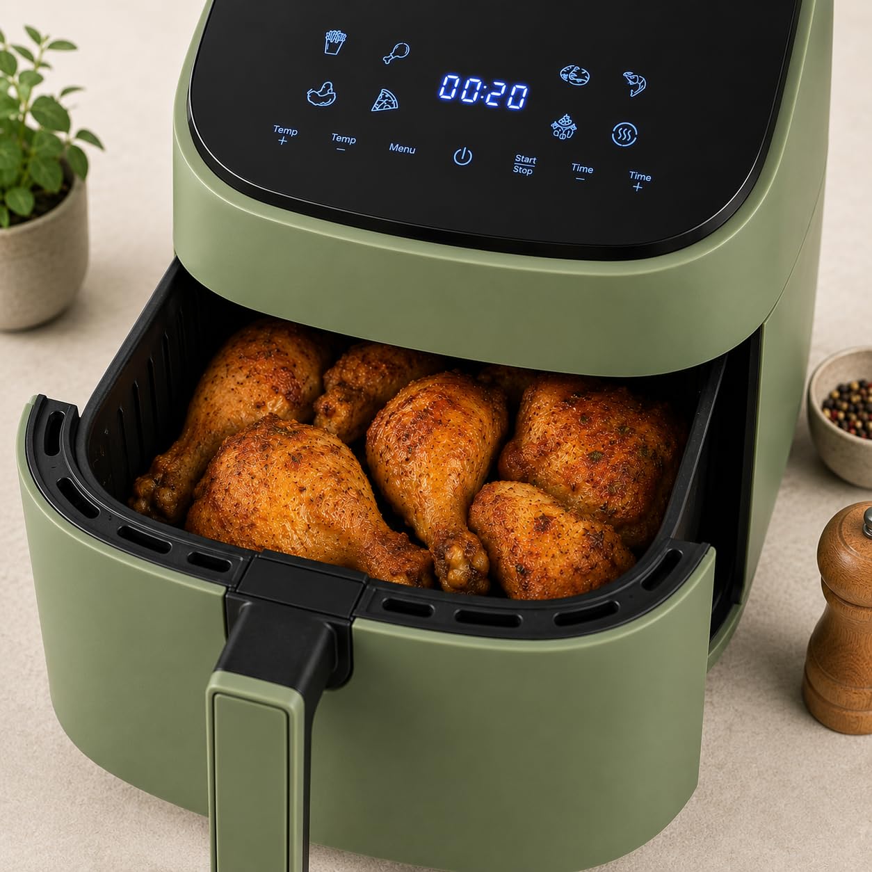 Iluminashop - Air Fryer Line Green Touch 6,5L, Freidora de Aire sin Aceite, 1600W, 8 Menús Digitales, Pantalla Táctil,Función Grill, Temporizador regulable, Temperatura 80-200°C, Fácil y Saludable