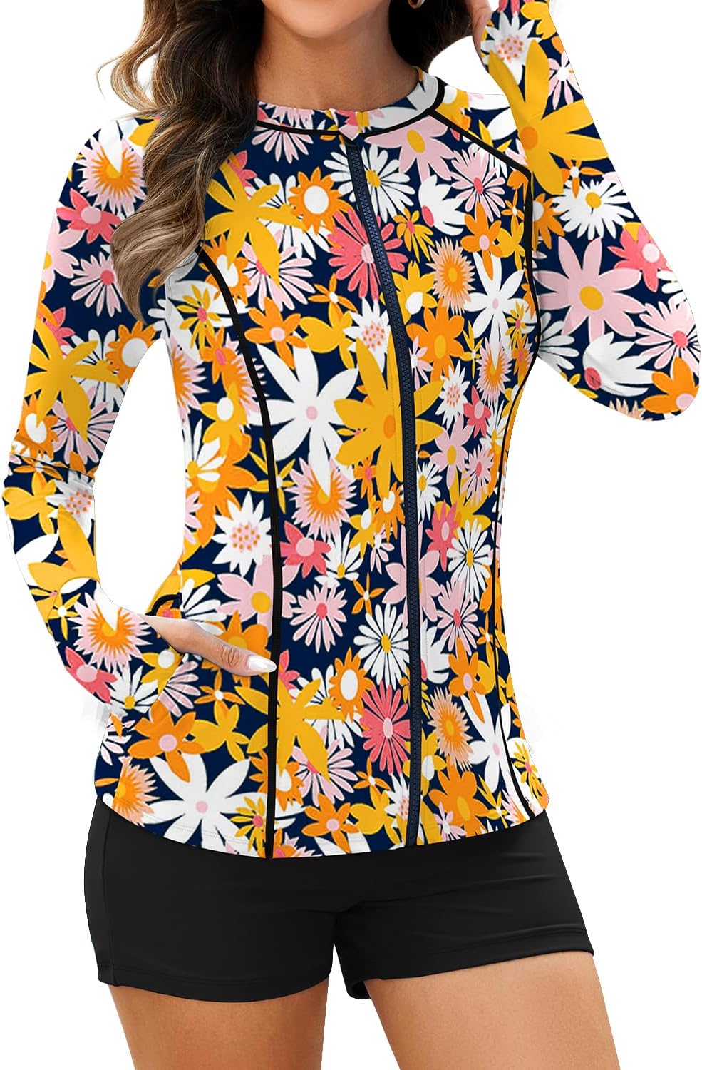 WOWENY Women Rash Guard Long Sleeve 2 Piece Swimsuit Zipper SPF Swim Shirt and Shorts UV UPF 50 Bathing Suit with Pocket