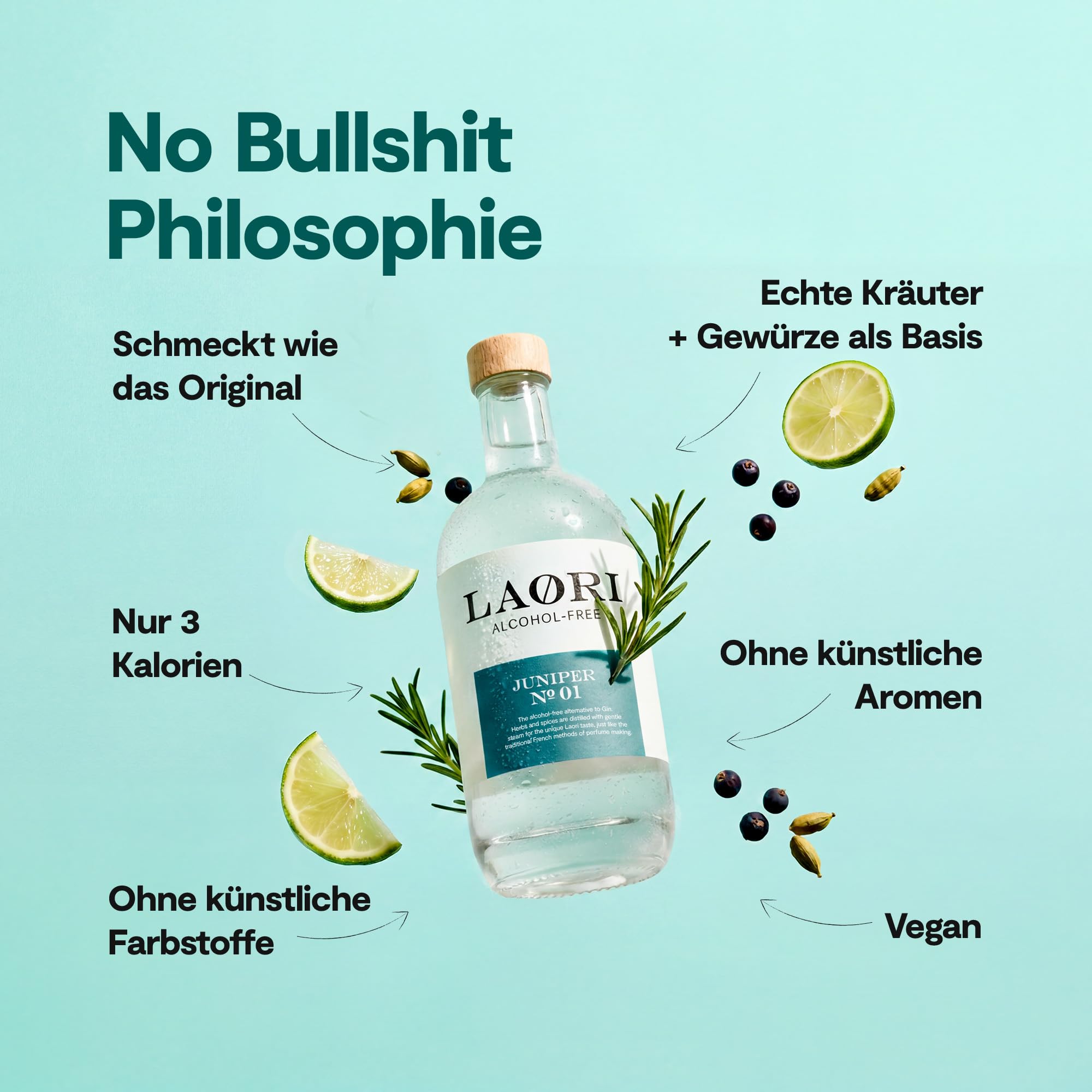 Laori Juniper No 1 | Alkoholfreie Alternative zu Gin | Natürliche Botanicals | Frei von künstlichen Aromen | Vegan & Zuckerfrei | Mild-würzige Frische | 500 ml