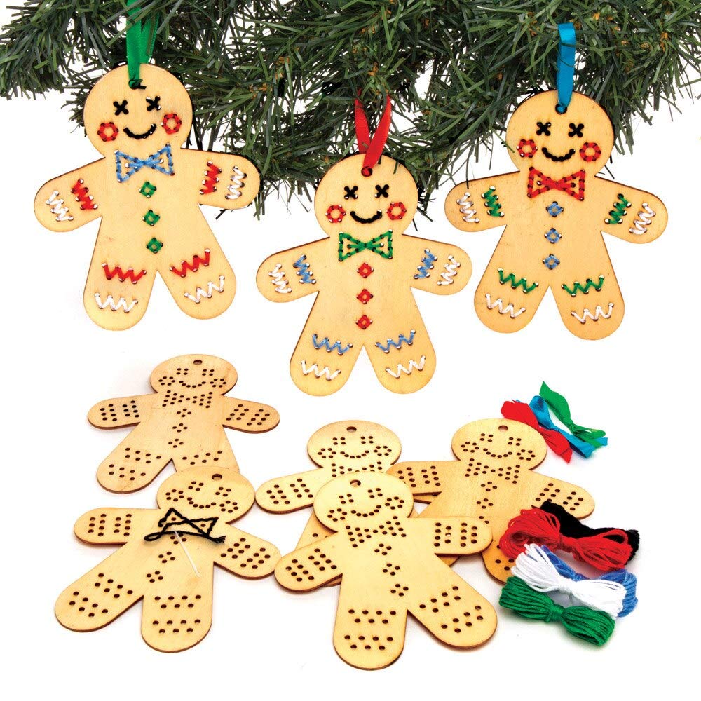 Baker Ross AT187 Gingerbread Wooden Decoration Kits, Cross Stitch for Beginners and for Kids Arts and Crafts Projects (Pack of 5), Assorted