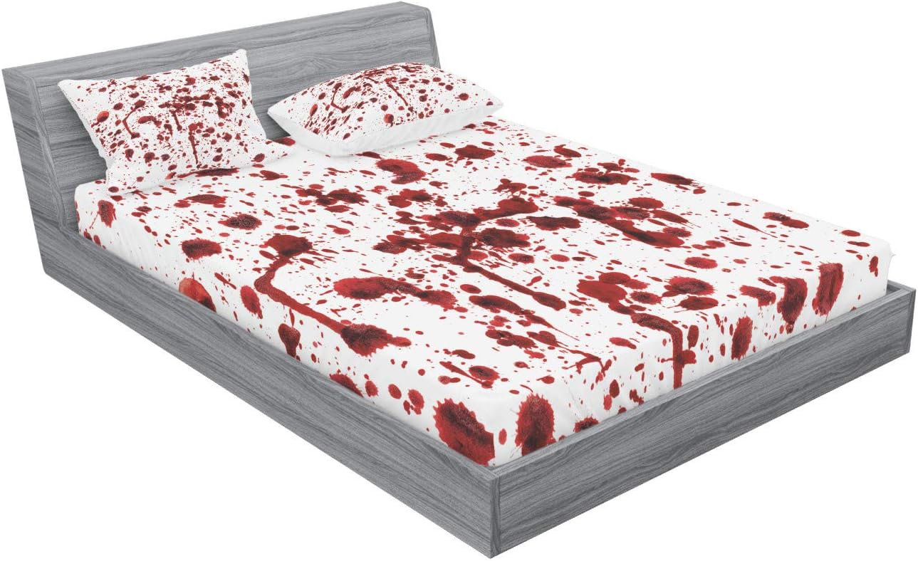 Ambesonne Horror Fitted Sheet & Pillow Sham Set Splashes of Blood Scary Zombie Halloween Movie Lover Print Decorative Printed 3 Piece Bedding Set Bed Cover for Guest Bedroom Queen, Scarlet White