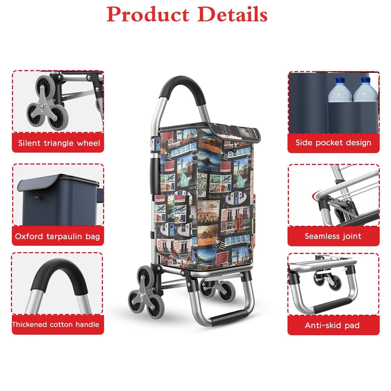 Carrello per salire le scale con borsa Oxford da 36 litri, design resistente a 6 ruote per generi alimentari e commissioni