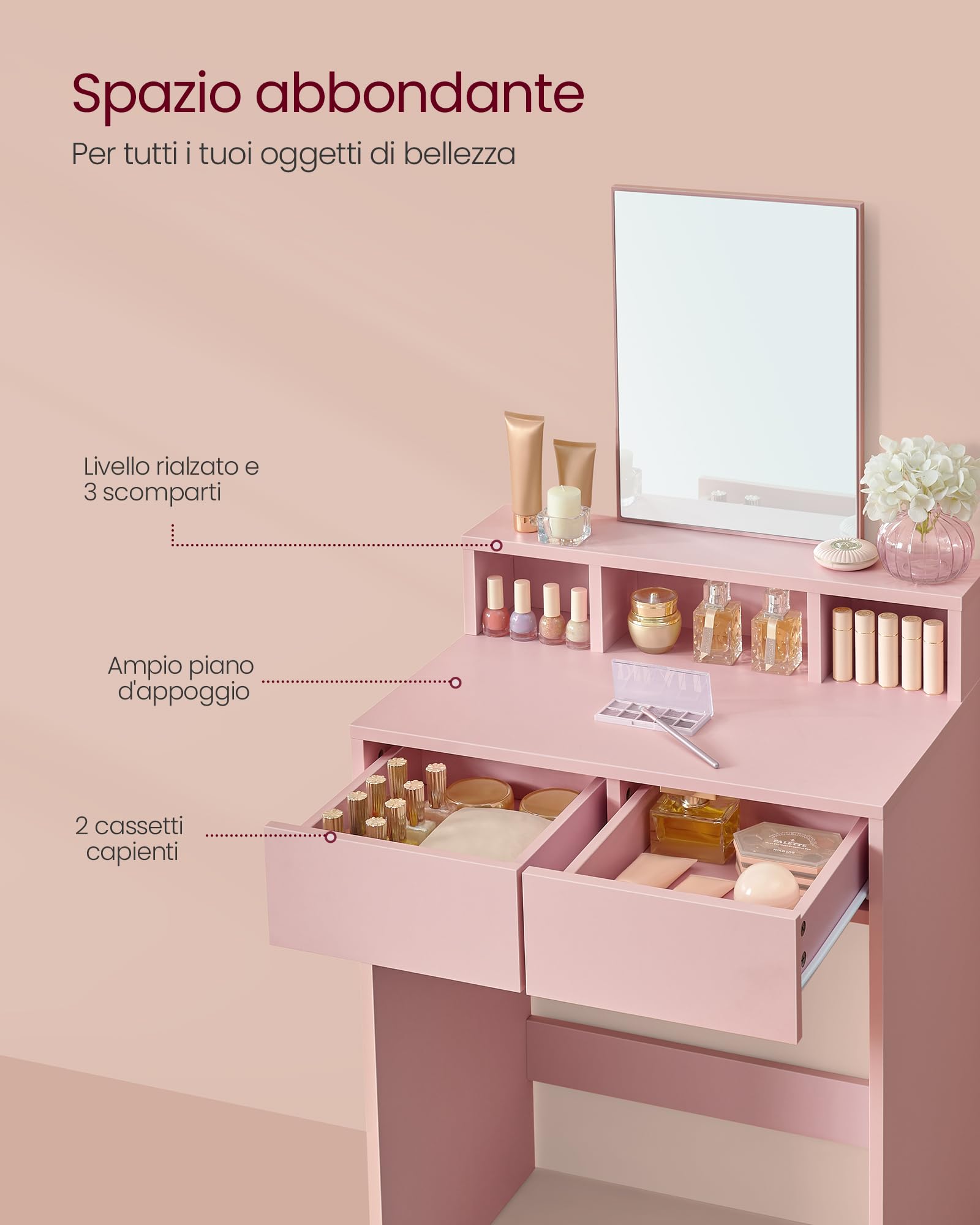 VASAGLE KAILYN Collezione - Toeletta con Specchio Grande, Postazione Trucco con 2 Cassetti e 3 Scomparti, Tavolo da Trucco, Stile Moderno, 40 x 60 x 127 cm, Rosa Pastello RDT103R01