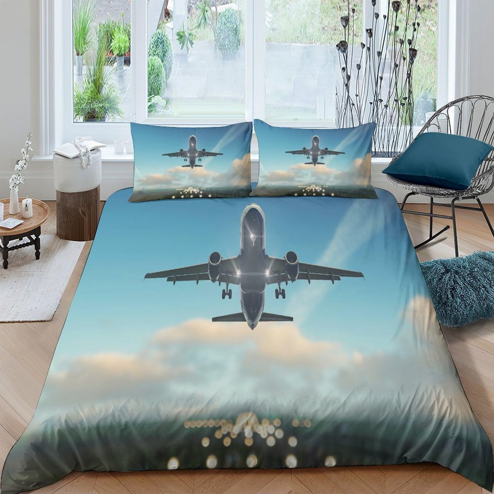 Ctjqhvkz Style-1 3D Printed Blue Sky Airplane Fitted Sheet Microfiber Soft Clouds Bed Sheet For Bedroom Guest Room Mattress Decor Single（135X200cm）