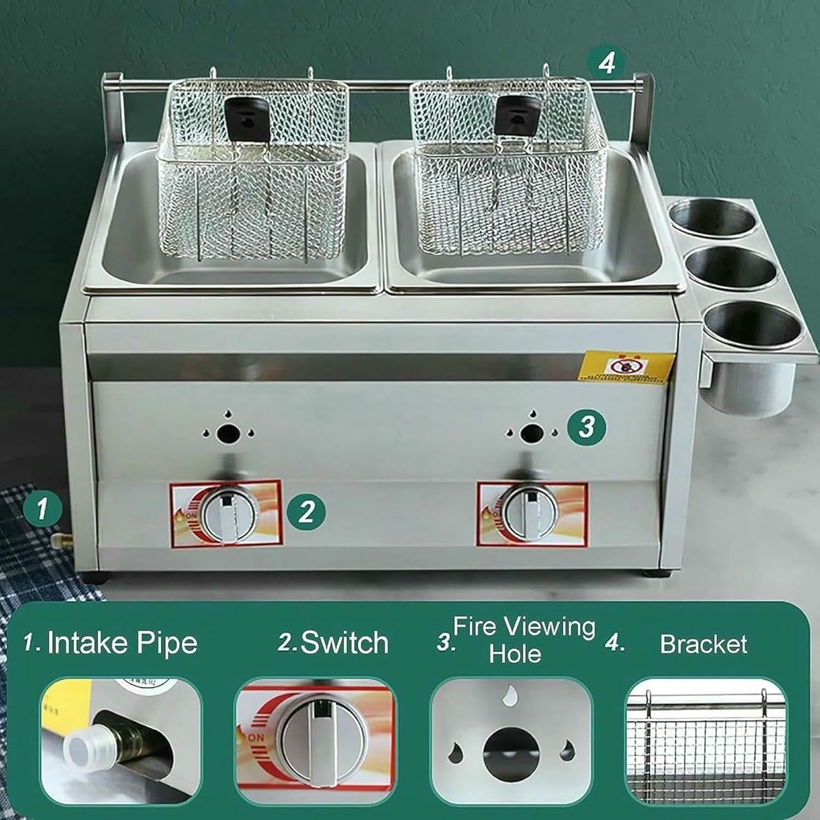 Freidora de Grasa Comercial, freidora de Gas Comercial de 20L-30L, de Acero Inoxidable, para encimera, con cestas extraíbles y Tapa, Ideal para Papas Fritas, Pavo y Cocina casera.