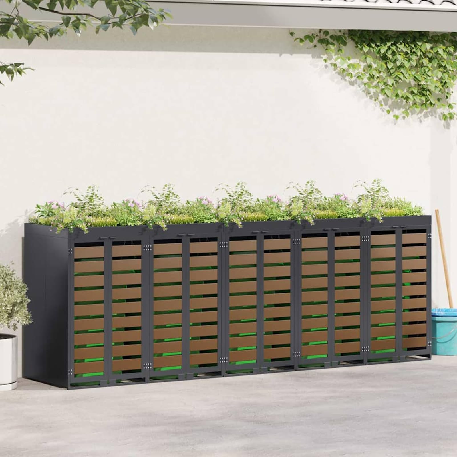 Pojemnik na odpady do wózka 5 x 120/240 l – stalowy pojemnik na śmieci w kolorze antracytowym (340 x 77,5 x 121,5 cm), możliwość rozszerzenia, wentylowany, z drzwiami magnetycznymi i dachem na rośliny