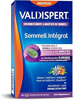 VALDISPERT - Sommeil Intégral - Endormissement & Maintien Du Sommeil - Complément Alimentaire À La Mélatonine et Plantes - Dosage Extra Fort 1,9mg - Sans Dépendance - 30 Comprimés - 30 nuits