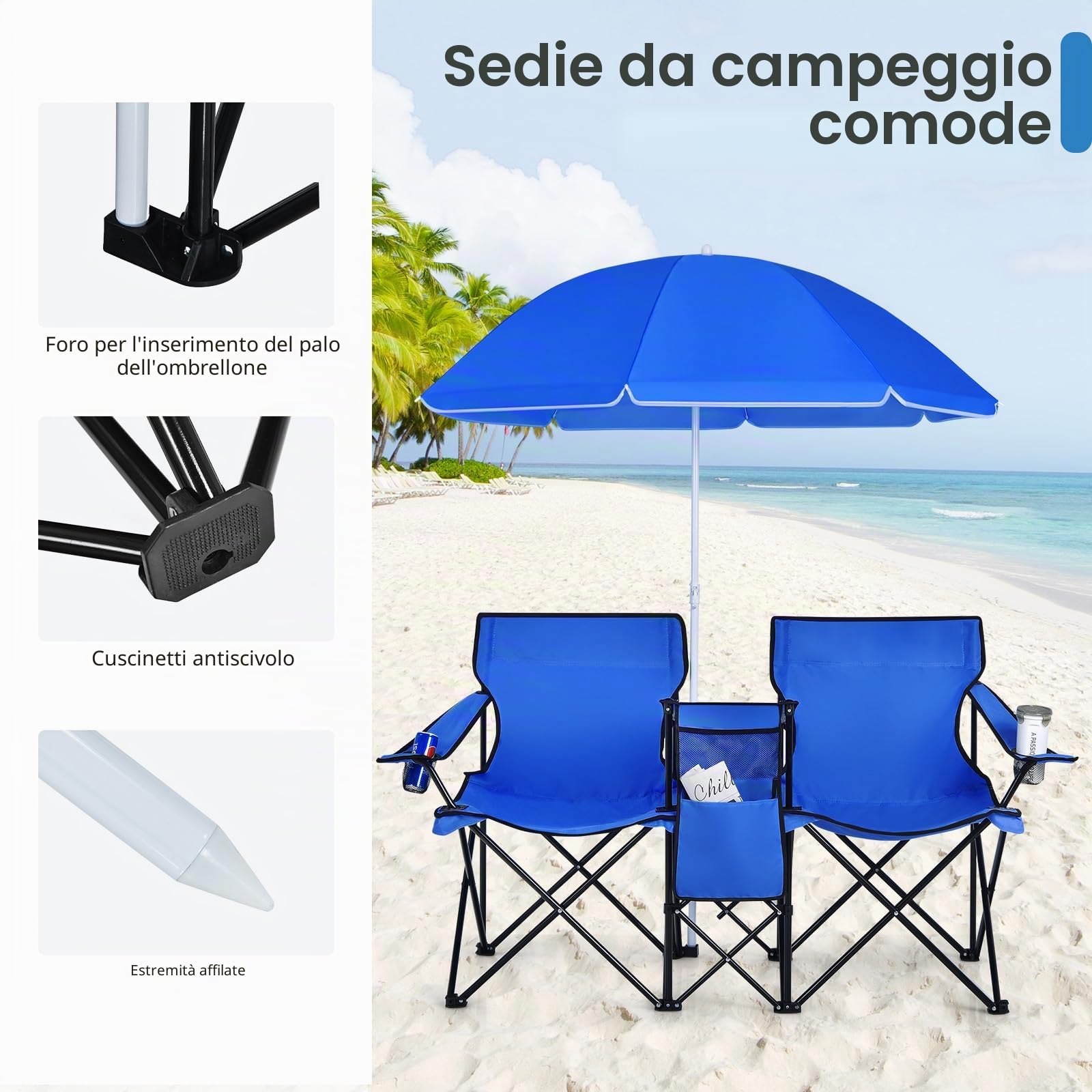 KOMFOTTEU Sedia Pieghevole da Campeggio Doppia, 2 Sedie da Esterno con Tettuccio Parasole Regolabile, Borsa Frigo e Portabevande (Blu)