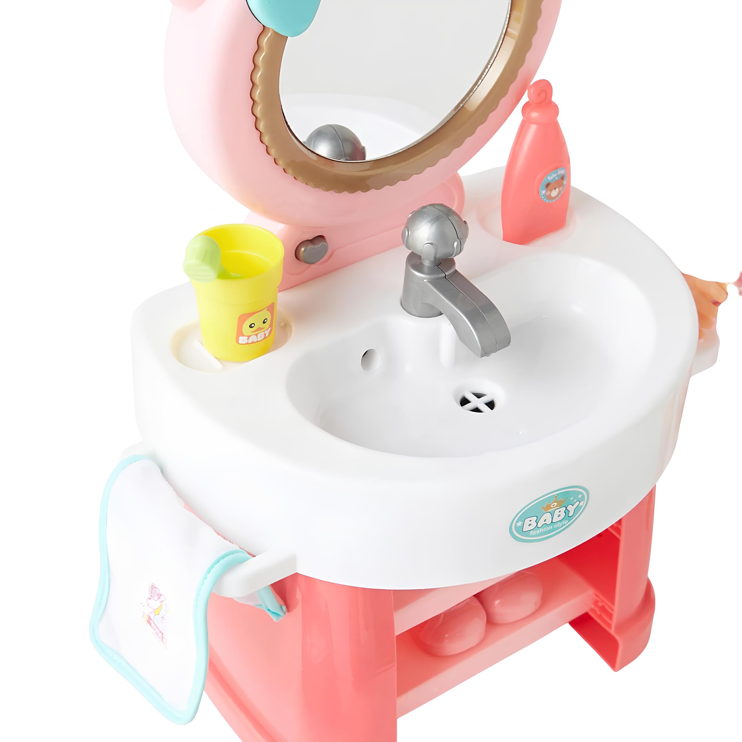 Bambola che Beve e Fa Pipì Parlante con Specchiera Luminosa Sonora Lavandino con Acqua Funzionante Accessori Bagno Vasino Toilette Musica 10 Suoni Gabinetto Bambolotto cm 35 con Specchiera Deluxe