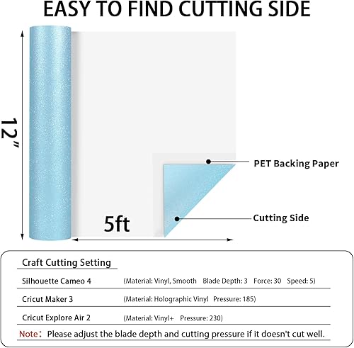 Miniatura 3 de AHIJOY Vinilo adhesivo permanente azul claro brillante de 12 pulgadas x 5 pies, vinilo brillante con purpurina para cortador de manualidades,