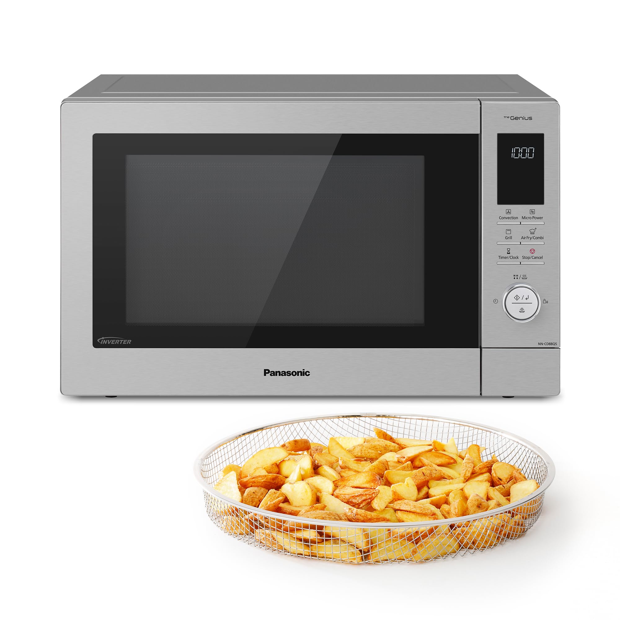 Panasonic NN-CD88QSEPG 34L Air Fryer Kombi-Mikrowelle mit Quarzgrill, 1000 W, automatisches Auftauen, Genius Sensor, Edelstahl, Silber
