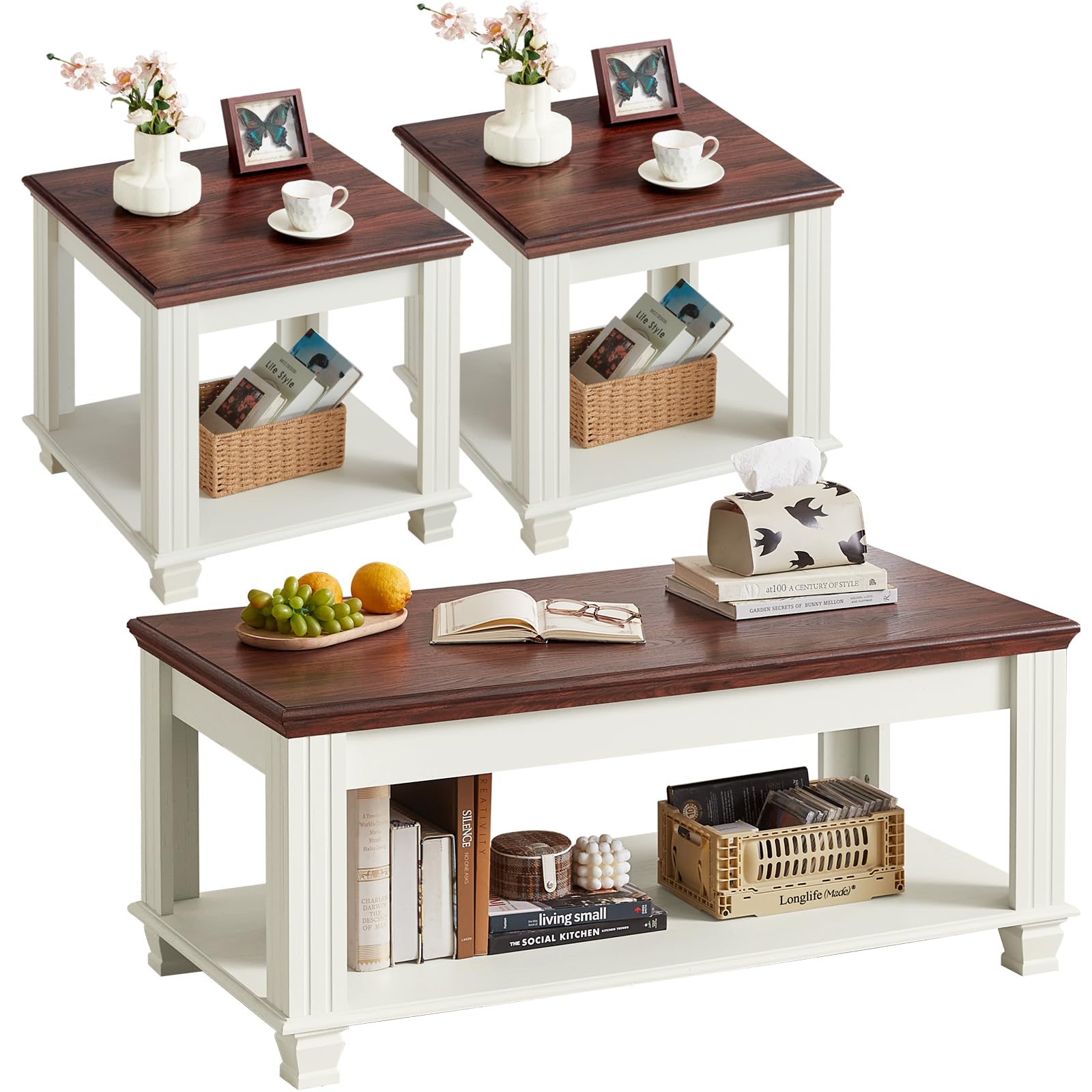 SAVOR LIFE farmhouse coffee table set with two end tables in two-tone white and walnut finish