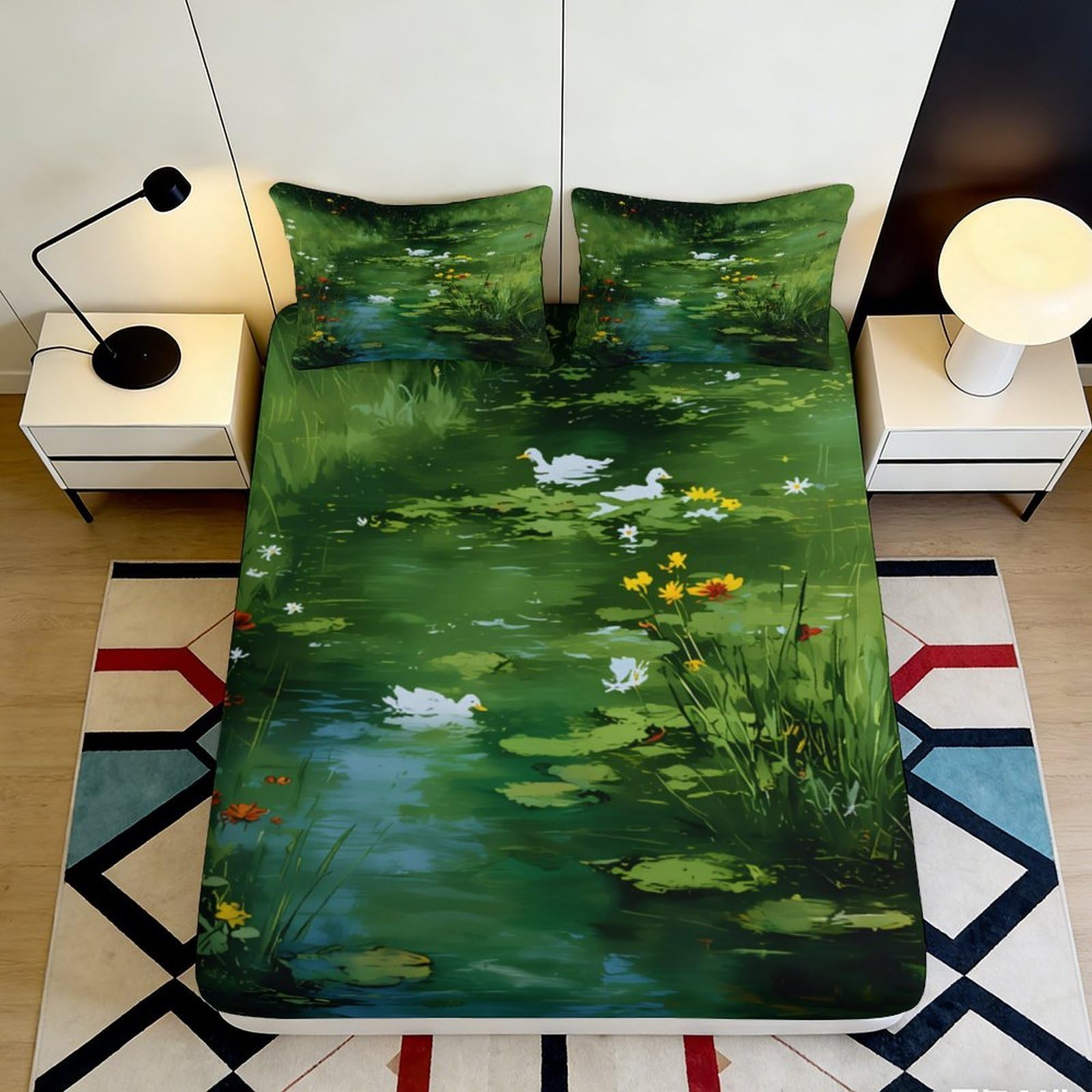 3D Printed Lily Pond Fitted Sheet Microfiber gives non-slip mattress protection washable Water Lilies Mattress Cover 90x200x25cm
