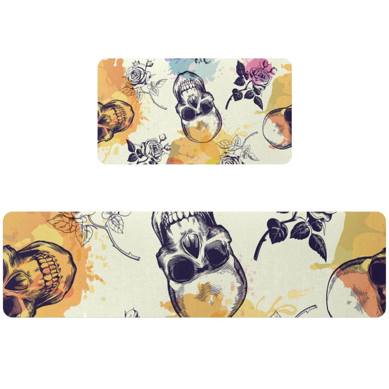 Tapis de cuisine antidérapant design crâne et rose lot de 2 tapis de couloir