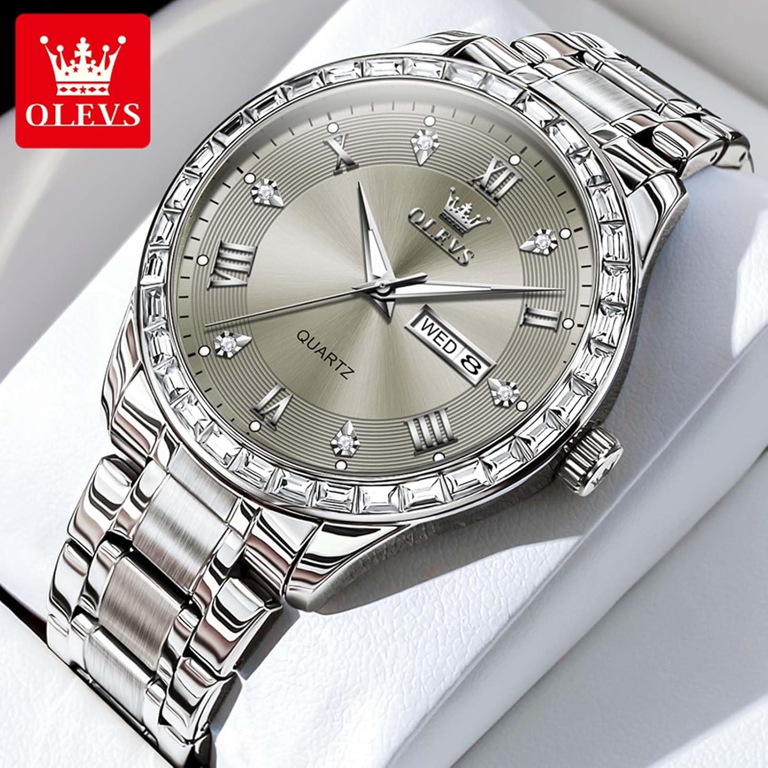 OLEVS Watches for Men with Date Stainless Steel Men Quartz Watches Roman Dial Diamond Classic Business Male Wristwatch Waterproof Luminous Calendar Reloj para Hombr(Gold/Black/Grey/White Dial) - Image 3