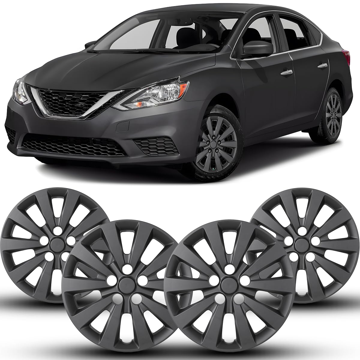 Winjet Hubcaps 16 Inch Wheel Covers for Nissan Sentra 2013-2019 [ 2013 2014 2015 2016 2017 2018 2019 Nissan Sentra] &amp; [2011-2017 Nissan Leaf] Wheel Rim Covers (16 Inch Set of 4, Black Matte)