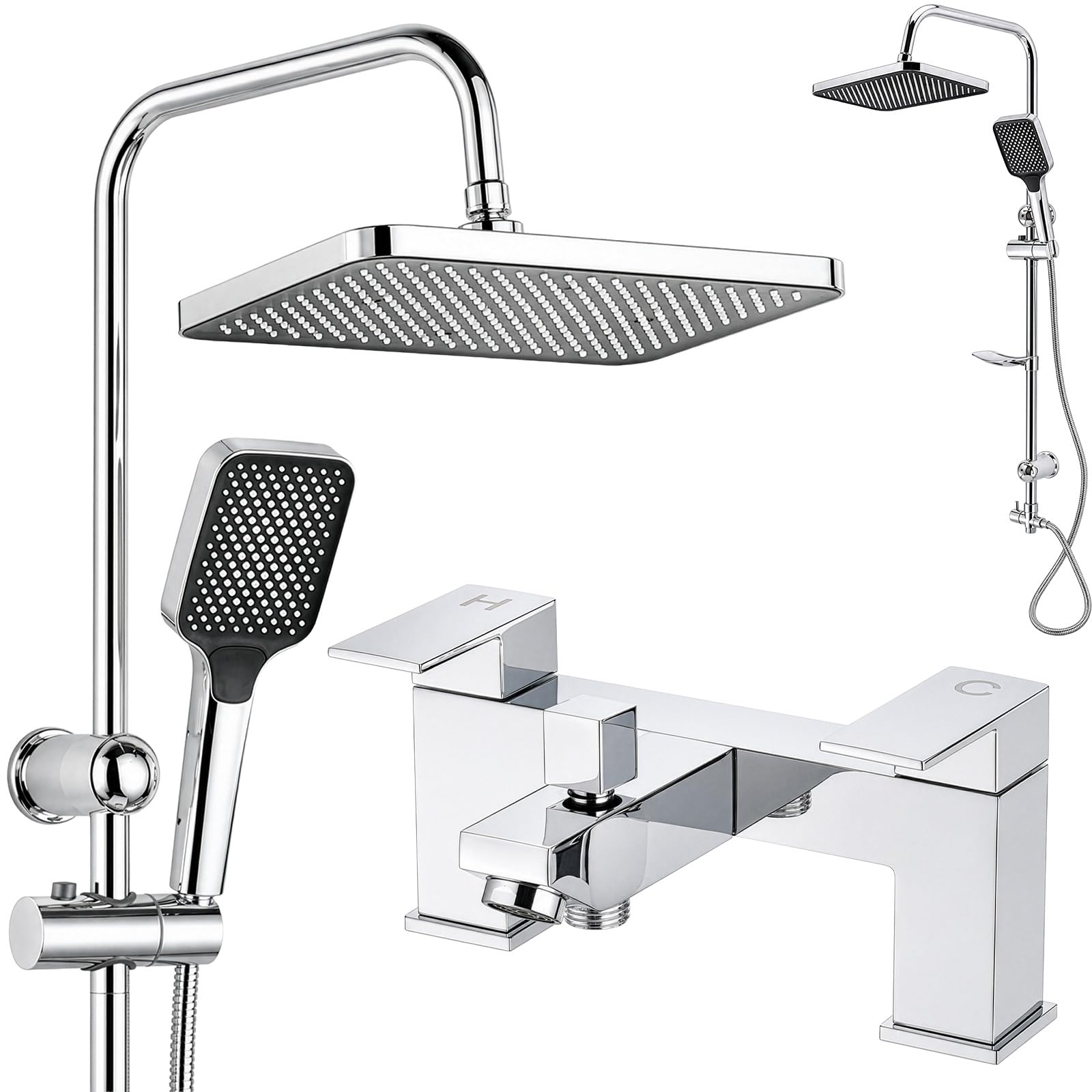EVERGOODS Bath Shower Mixer Tap Twin Heads Square Rainfall Shower Set