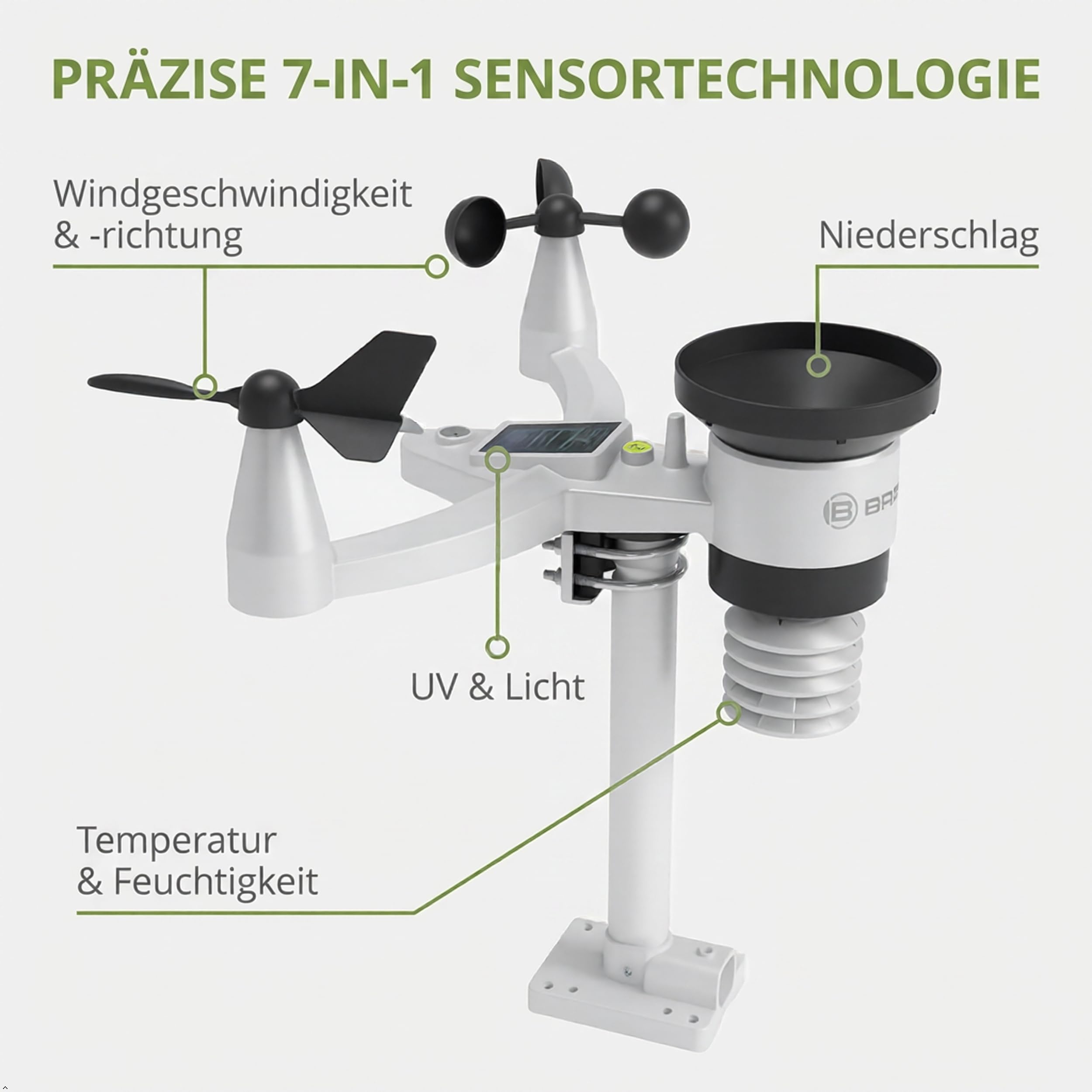 Bresser Wetterstation 1,5km Reichweite, WLAN, 7-in-1 Außensensor, Solar, UV, Wind, Regen, WLAN Upload, Alarm, Innen-/Außenklima