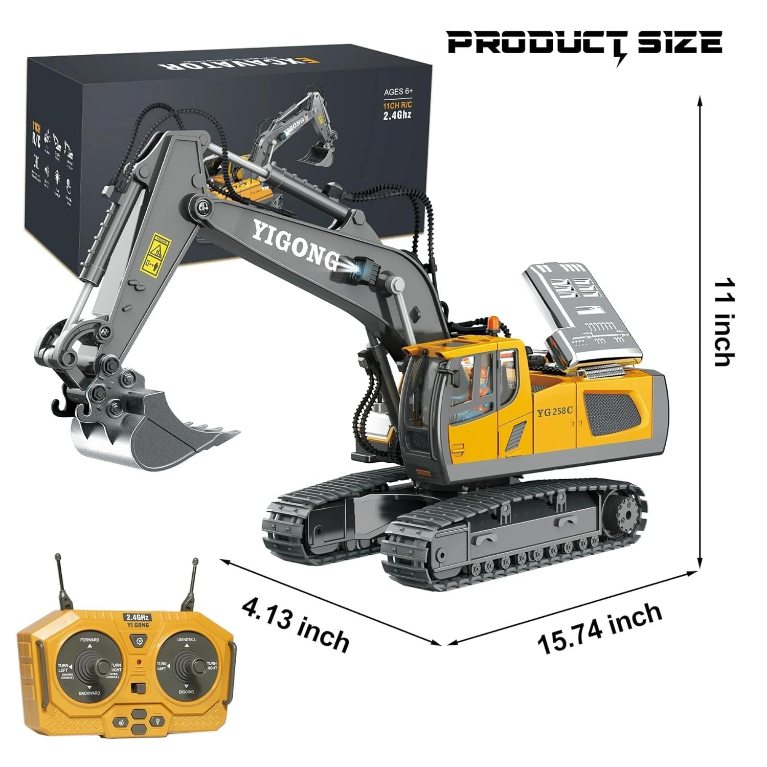 RABRA 2.4Ghz New Radio Control J-C-B Excavator Toy for 6-12 Yr Boys, Best Birthday Gifts for Kids 7 8 9 10 11 Year Old, Rc Construction Toys with Metal Shovel, Lights, Sounds, Multi Color 1