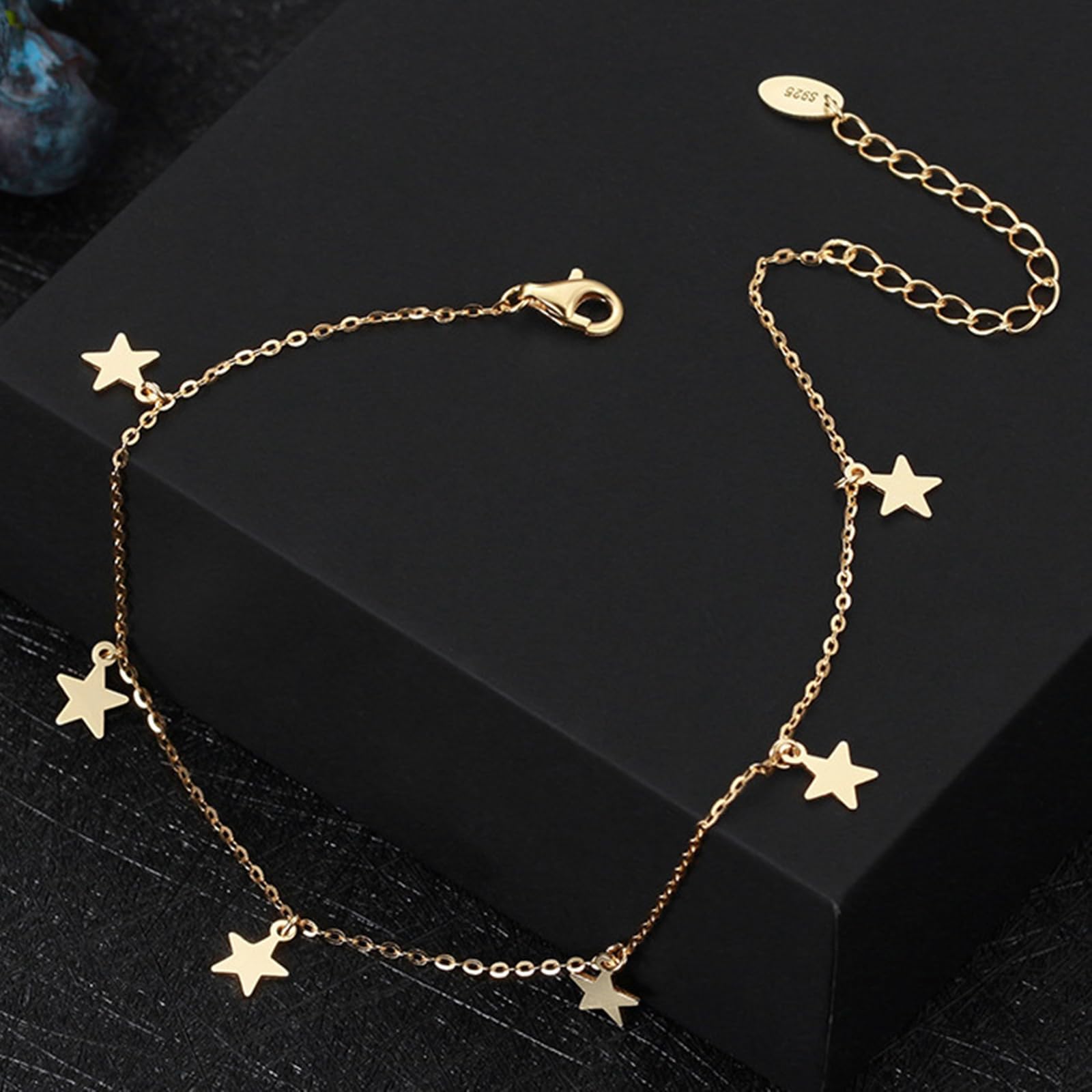 Cavigliera Donna Argento 925, Cavigliera Donna Estiva Paillettes A Doppio Strati con Stella Oro, Regolabile Fino a 26 cm - Bracciali alla Caviglia da Spiaggia Cavigliere per Donne
